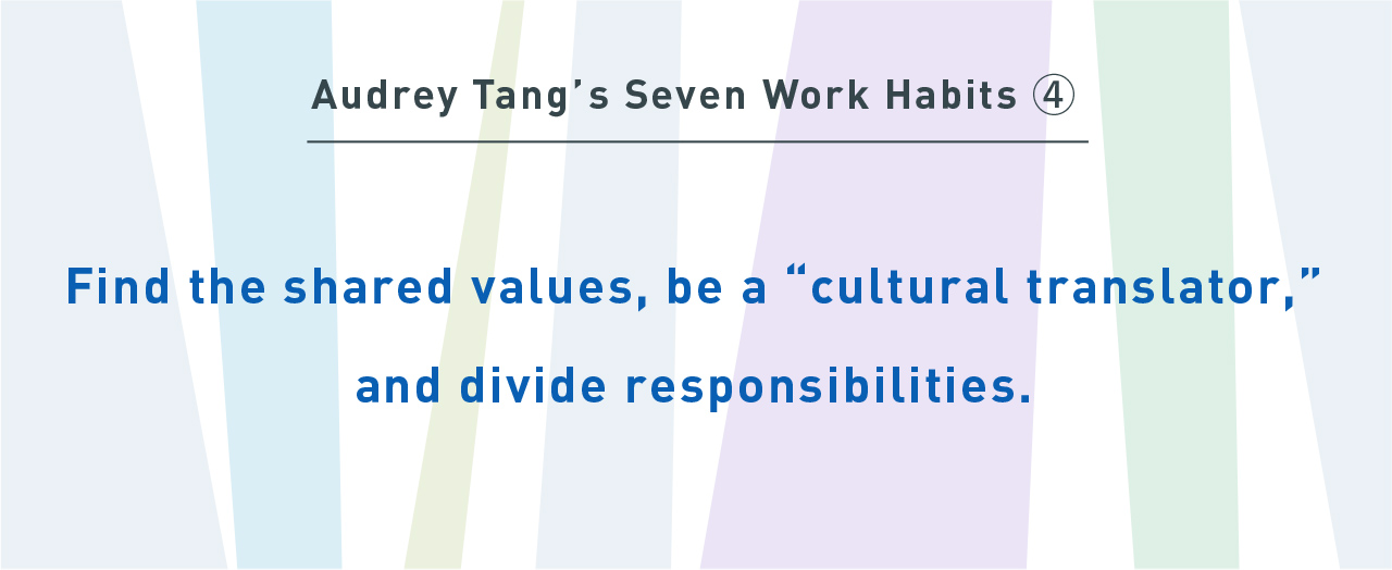 Audrey Tang’s Seven Work Habits④
Find the shared values, be a “cultural translator,” and divide responsibilities.